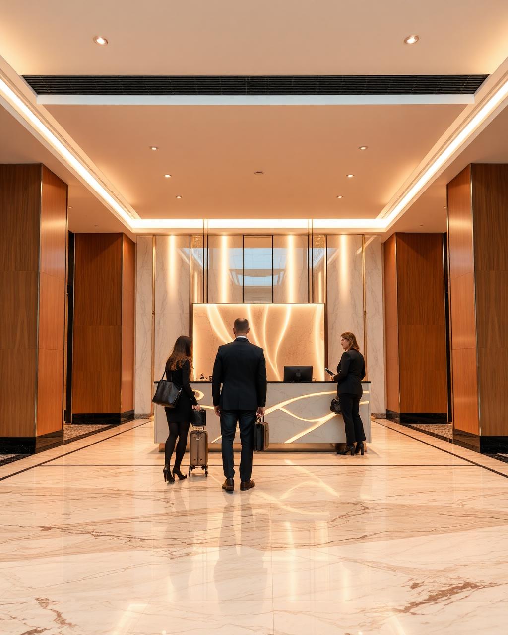 Business travellers checking in at a modern corporate hotel lobby